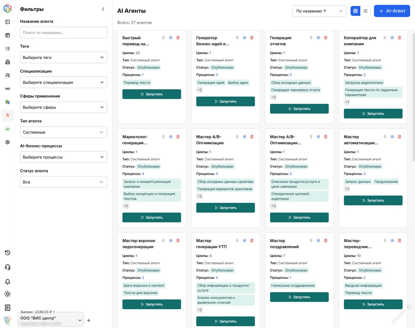 Библиотека готовых системных ИИ-агентов для бизнеса в сервисе VisGPT