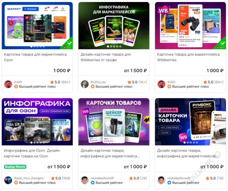 Примеры предложений от дизайнеров на Kwork - тарифы от 1000₽ до 5000₽ за пакет карточек
